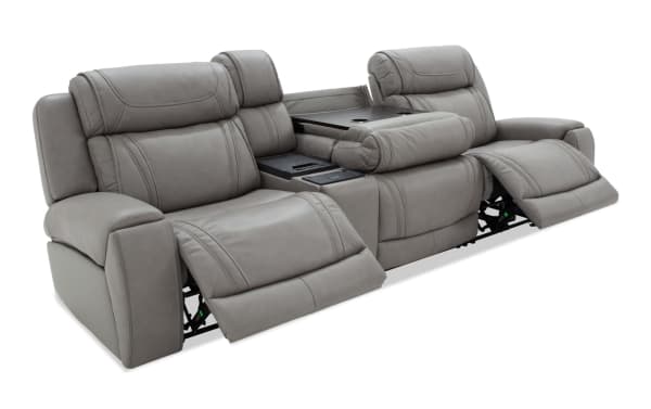 Dynamic Gray Leather 123" Power Reclining 4-Piece Sofa with armless chair, USB and USB-C ports, wireless charging, and memory foam cushions in transitional style.