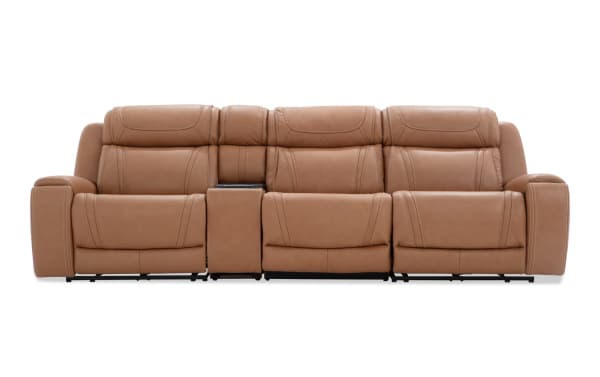 Dynamic Cognac leather 123" power reclining 4-piece sofa with armless chair, power headrest, lumbar support, memory foam, and cup holders.