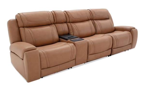 Dynamic Cognac leather 123" power reclining 4-piece sofa with armless chair, power headrest, lumbar support, and built-in console in transitional style.