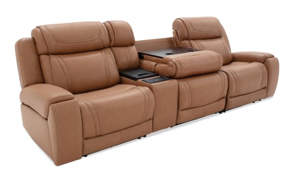 Dynamic Cognac leather 123" power reclining 4-piece sofa with armless chair, power headrest, lumbar, memory foam, massage, cup holders, and USB ports.