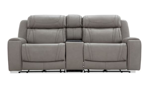 Dynamic Gray Leather 93'' Power Reclining Console Loveseat with USB & USB-C ports, gray leather upholstery, transitional style, with console and cup holders.