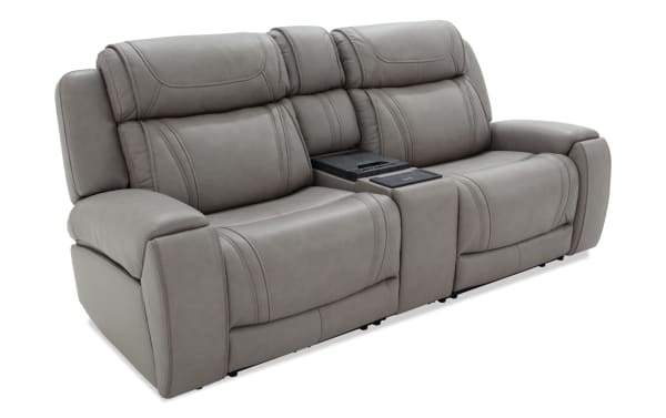 Dynamic Gray Leather 93'' Power Reclining Console Loveseat with USB & USB-C ports, gray transitional style, leather upholstery, built-in cup holders, and power headrests.