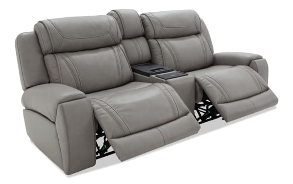Dynamic Gray Leather 93'' Power Reclining Console Loveseat from Dynamic collection, gray transitional style with full leather upholstery, independent power headrests, lay-flat reclining, built-in console with cup holders, wireless charging, USB and USB-C ports, and memory foam cushioning with massage function.