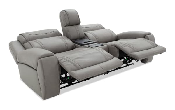 Dynamic Gray Leather 93'' Power Reclining Console Loveseat with USB & USB-C ports, gray leather upholstery, transitional style, dual power recliners with headrests and cup holders.