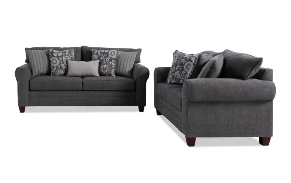 Portland Gray 85'' Sofa & 65'' Loveseat set in transitional style, gray polyester fabric upholstery with rolled arms and patterned accent pillows.
