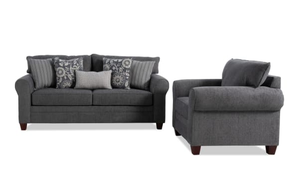 Portland Gray 85'' Sofa & Chair set in transitional style with soft gray polyester fabric upholstery, featuring rolled arms and patterned accent pillows.