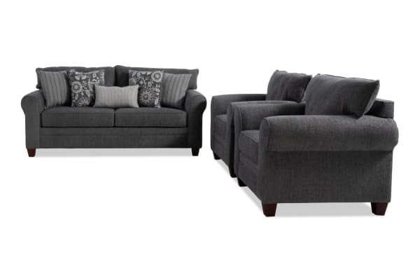 Portland Gray 85'' sofa and 2 chairs set in transitional style, upholstered in soft gray polyester fabric with accent pillows, from Portland collection.