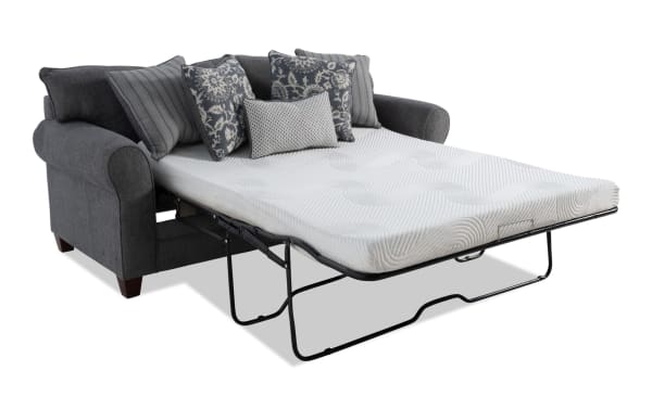 Portland Gray 85'' transitional sleeper sofa with queen gel memory foam mattress, gray polyester fabric upholstery, and decorative accent pillows.