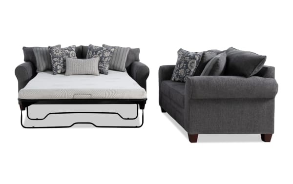 Portland Gray 85'' transitional sleeper sofa with queen gel memory foam mattress and 65'' loveseat set, upholstered in soft gray polyester fabric with accent pillows.