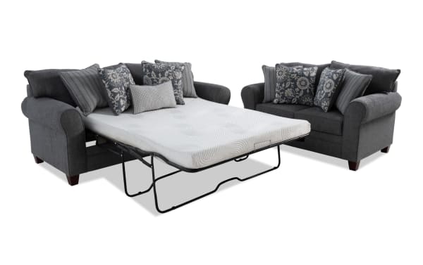 Portland Gray 85'' transitional sleeper sofa with queen gel memory foam mattress and 65'' loveseat, gray polyester fabric upholstery with accent pillows.