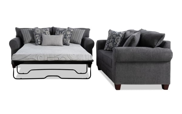 Portland Gray 85'' transitional sleeper sofa with queen cooling gel memory foam mattress and 65'' loveseat, gray polyester fabric upholstery with accent pillows.