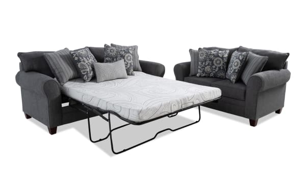 Portland Gray 85'' transitional sleeper sofa with queen cooling gel memory foam mattress and 65'' loveseat, gray polyester fabric upholstery, includes accent pillows.