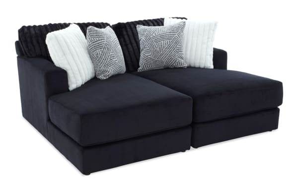 Sofia Black 78'' Dual Chaise sectional sofa in black polyester fabric with channel tufted back cushions, four faux fur pillows, and Bob-O-Pedic memory foam for transitional style comfort.