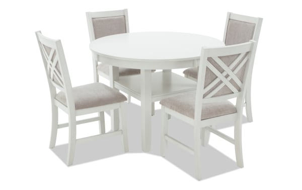 London 5 Piece White & Beige Upholstered Round Dining Set with MDF frame, polyester fabric seats, contemporary style, and cross-back chair design.