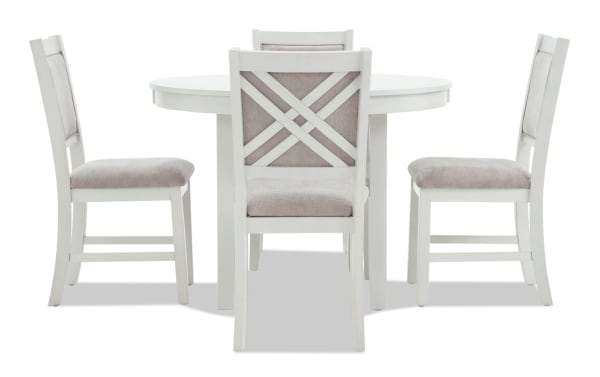 London 5 Piece White & Beige Upholstered Round Dining Set with MDF frame, beige polyester fabric seats, and contemporary cross-back chair design from London Dining collection.