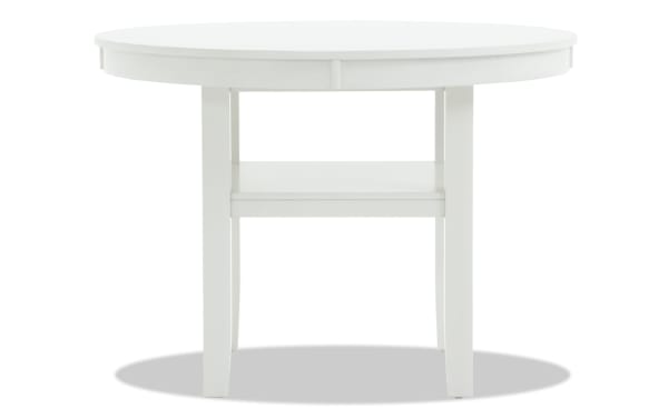 White round dining table from the London Dining collection with a sturdy MDF frame, beige polyester fabric accents, and a contemporary style.