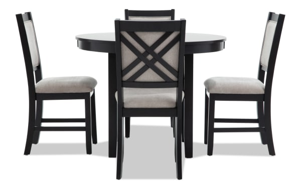 London 5 Piece Black & Beige Upholstered Round Dining Set with MDF frame, polyester fabric seats, contemporary style, and cross-back chair design.