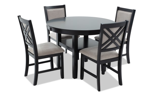 London 5 Piece Black & Beige Upholstered Round Dining Set with MDF frame, polyester fabric seats, contemporary style, and cross-back chair design.