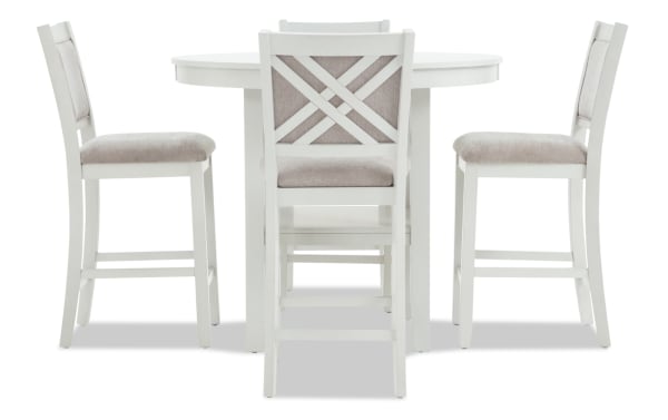 London 5 Piece White & Beige Upholstered Round Counter Height Dining Set with MDF frame, polyester fabric seats, and contemporary style from London Dining collection.