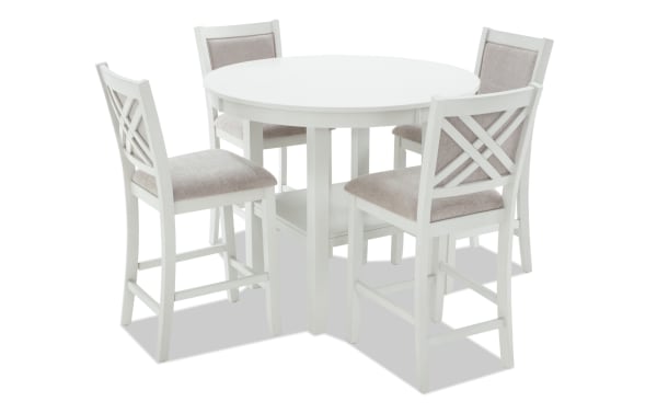London 5 Piece White & Beige Upholstered Round Counter Height Dining Set with MDF frame, polyester fabric seats, and contemporary London Dining style.