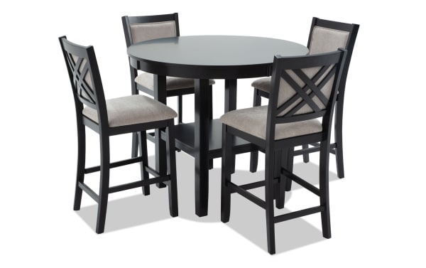 London 5 Piece Black & Beige Upholstered Round Counter Height Dining Set with polyester fabric seats, MDF frame, and contemporary style from London Dining collection.