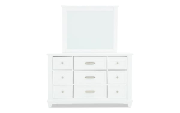 Sunset Cove White 9 Drawer Dresser & Mirror in coastal style, MDF construction, features slatted drawer fronts, felt-lined top drawers, and removable jewelry tray.