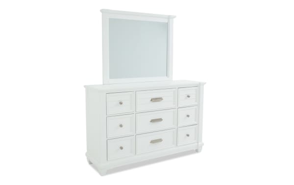 Sunset Cove White 9 Drawer Dresser & Mirror in coastal style, MDF construction, with slatted drawer fronts, felt-lined top drawers, and removable jewelry tray.