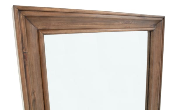 Emma Brown Floor Mirror with transitional style, crafted from poplar solids, featuring a wide brown wooden frame with beveled edges for home décor.