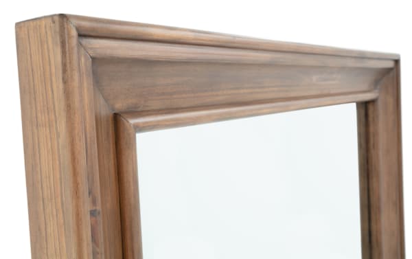 Emma Brown Floor Mirror with transitional style, crafted from warm poplar solids wood, featuring a tall, wide rectangular frame with smooth, rounded edges and a natural brown finish.