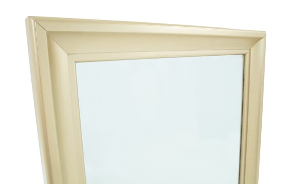 Contemporary Isabella Gold Floor Mirror with wide, angled poplar solid wood frame in metallic gold finish, floor-length for full reflection and stylish decor.