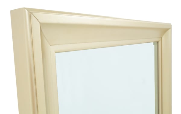 Contemporary Isabella Gold Floor Mirror with poplar solid frame in matte gold finish, featuring wide beveled edges for elegant floor-length reflection.