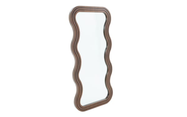 Bettie Dark Brown Floor Mirror with wavy transitional-style MDF and oak veneer frame, designed for leaning or hanging full-length outfit checks.