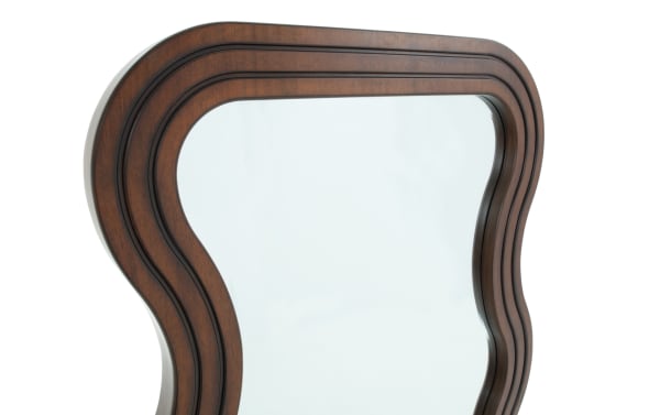 Bettie Dark Brown Floor Mirror in transitional style with MDF and oak veneer frame, featuring a unique wavy, layered dark brown wood design for full outfit checks.