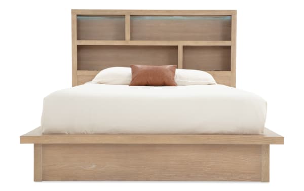 Studio Queen Light Oak Storage Platform Bed from Studio Bedroom collection, contemporary MDF and oak veneer with storage headboard, built-in USB/USB-C ports, and 3-way touch LED lighting.
