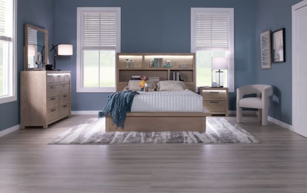 Contemporary Studio Queen Light Oak Storage Platform Bed with MDF, oak veneers, built-in USB/USB-C ports, 3-way LED lighting, and storage headboard.