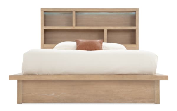 Contemporary Studio Queen Light Oak Storage Platform Bed with MDF, oak veneers, storage headboard, built-in USB/USB-C ports, and LED lighting.