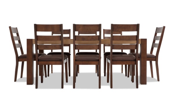 Canyon 9 Piece Brown Faux Leather Dining Set with rustic multi-tone MDF wood table and brown faux leather upholstered chairs, Canyon Dining collection.
