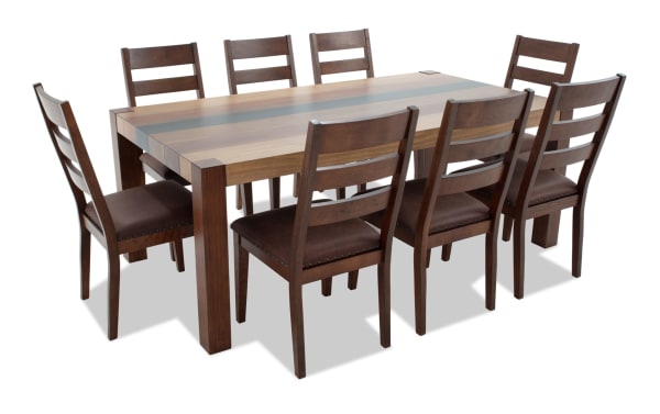 Canyon 9 Piece Brown Faux Leather Dining Set with rustic multi-tone MDF wood table and brown faux leather upholstered chairs featuring memory foam seats.