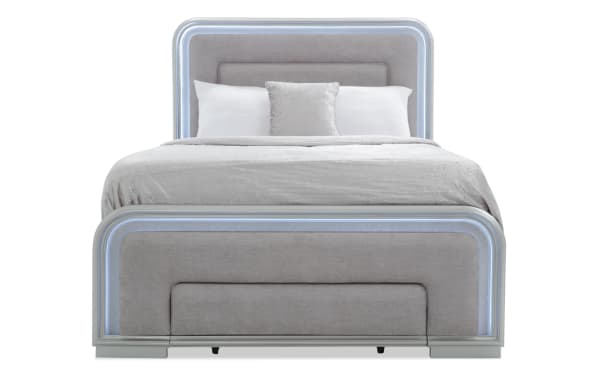 Shimmer Full Silver Storage Panel Bed in gray polyester fabric with glam silver MDF frame, LED lighting, and footboard storage drawer from Shimmer Bedroom collection.
