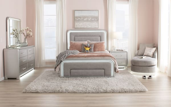 Shimmer Full Silver Storage Panel Bed in gray polyester fabric with glam silver MDF frame, LED lighting, and footboard storage drawer from Shimmer Bedroom collection.