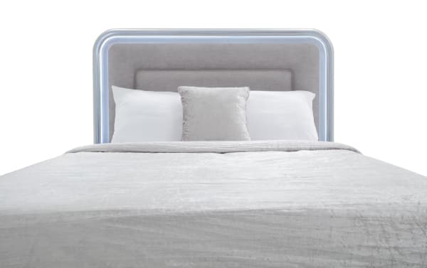Shimmer Full Silver Storage Panel Bed with gray polyester fabric upholstery, glam silver finish, LED-lit headboard, and footboard storage drawer.