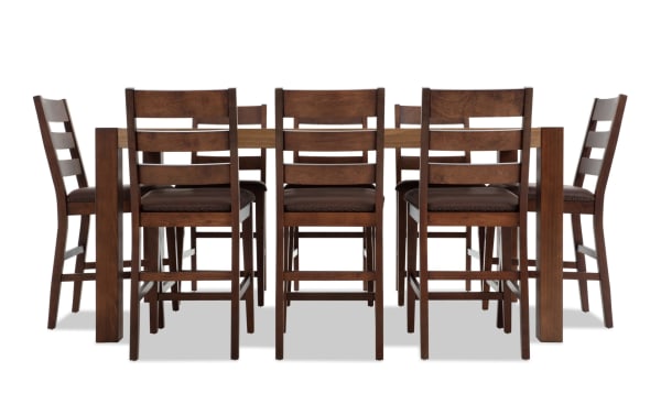 Rustic Canyon 9 Piece Brown Faux Leather Counter Height Dining Set with multi-tone MDF table and cushioned Bob-O-Pedic Memory Foam chairs