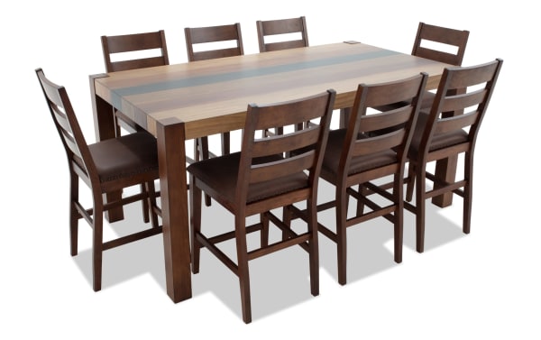 Canyon 9 Piece Brown Faux Leather Counter Height Dining Set with multi-tone MDF wood table and brown faux leather cushioned chairs in rustic style.