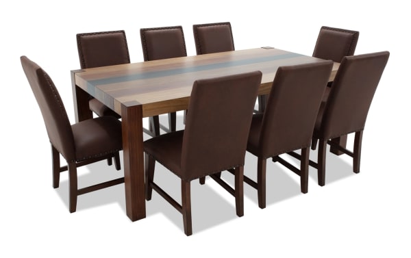 Canyon 9 Piece Brown Faux Leather Upholstered Dining Set with multi-tone rustic MDF table and brown faux leather memory foam chairs for comfortable dining.