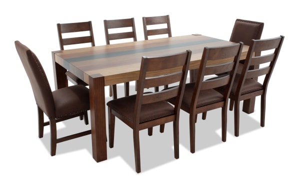Canyon 9 Piece Brown Faux Leather Upholstered Dining Set with multi-tone rustic MDF wood table and brown faux leather memory foam chairs for comfort.