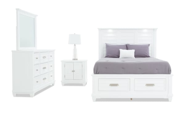 Sunset Cove 4 Piece Queen White All Around Storage Bedroom Set in coastal style, MDF construction, includes slatted six-drawer bed with LED lighting, nightstand with USB/USB-C ports, dresser with mirror, all in bright white finish.
