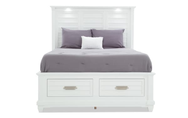 Sunset Cove Queen White 2 Drawer Storage Bed in coastal style with MDF construction, slatted headboard, LED lighting, and footboard drawers.
