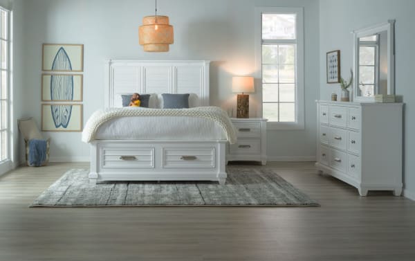 Sunset Cove Queen White 2 Drawer Storage Bed in coastal style with MDF construction, slatted headboard, footboard drawers, and touch-activated LED lighting.