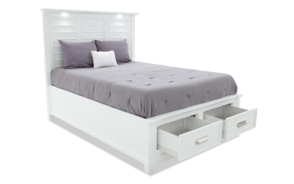 Sunset Cove Queen White 2 Drawer Storage Bed in coastal style with MDF frame, slatted headboard, LED lighting, and under-bed drawers for storage.