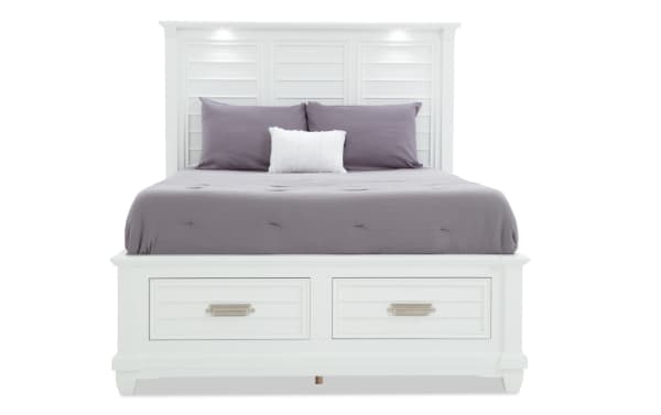 Sunset Cove Queen White 6 Drawer Storage Bed in coastal style, MDF construction, with slatted headboard, built-in LED lights, and spacious under-bed storage drawers.